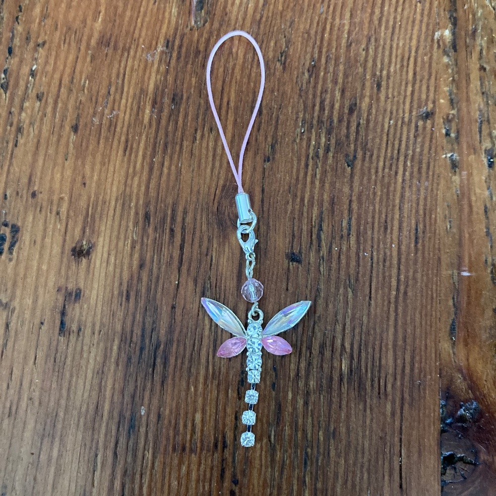 Avon Dragonfly Zipper Pull Charm, Pink & White Rhinestones Purse Charm Silver